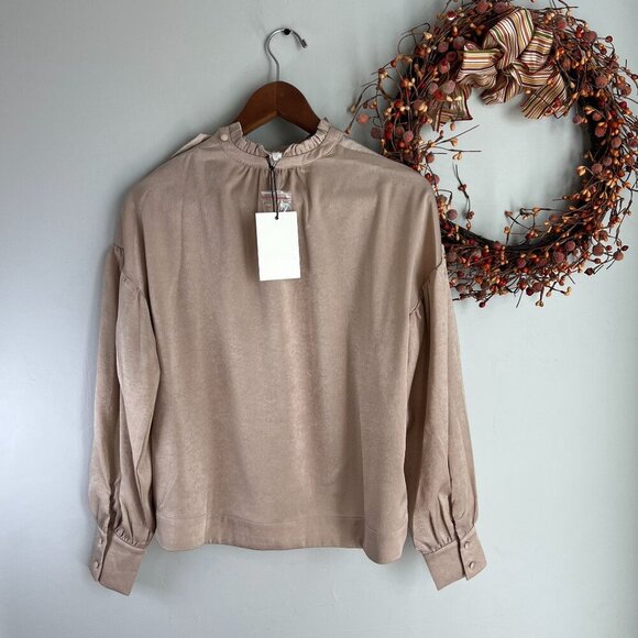 Evidnt Womens Stand Collar Long Sleeve Blouse XS in Taupe Brush - Picture 5 of 10